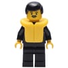 Policeman, Black Suit with Tie and Badge, Black Hair, Yellow Life Vest, Moustache