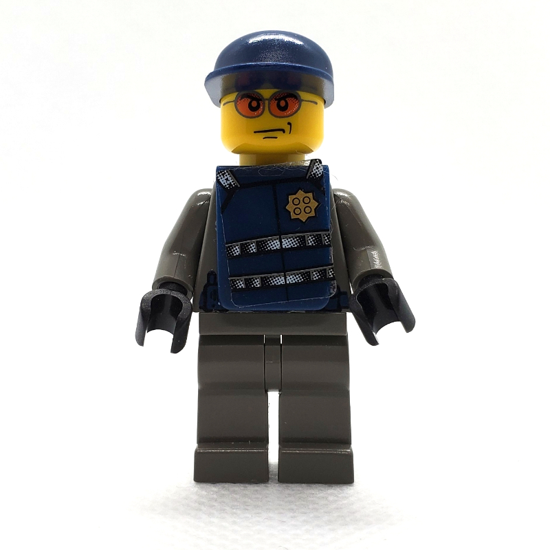 LEGO Security Guard, Dark Gray Shirt with Badge, Dark Blue Cap, Dark Blue Vest, Orange Sunglasses (fig-008004)