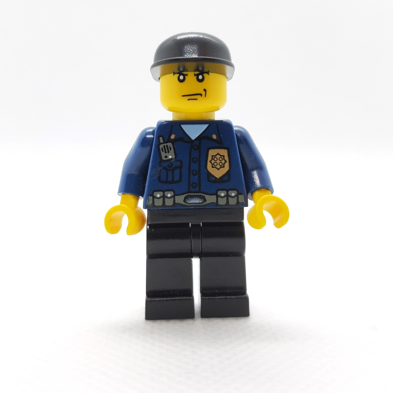 LEGO Policeman, Dark Blue Shirt with Radio and Badge, Black Legs, Black Cap (fig-008005)