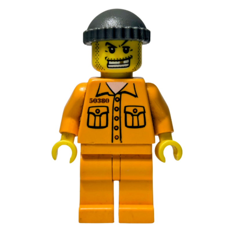LEGO Criminal, Orange Prison Outfit with #50380, Dark Gray Hat, Gold Tooth (fig-008006)