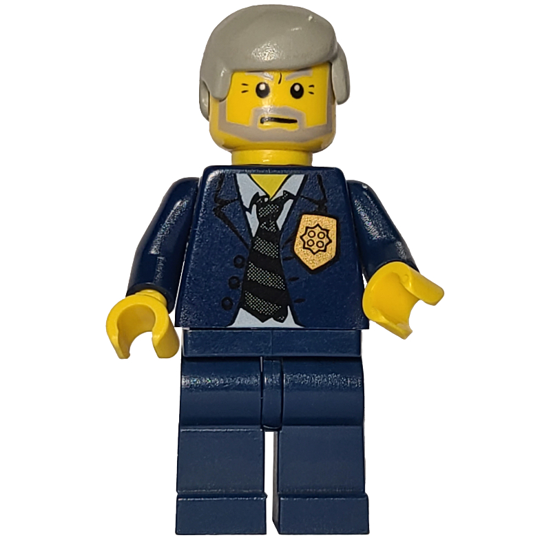 LEGO Policeman, Dark Blue Suit with Tie and Badge, Light Gray Hair, Beard (fig-008007)