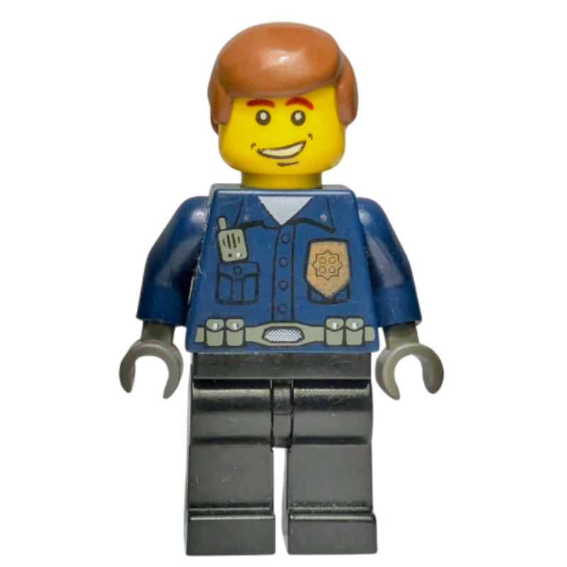 LEGO Policeman, Dark Blue Shirt with Radio and Badge, Black Legs, Brown Hair (fig-008008)