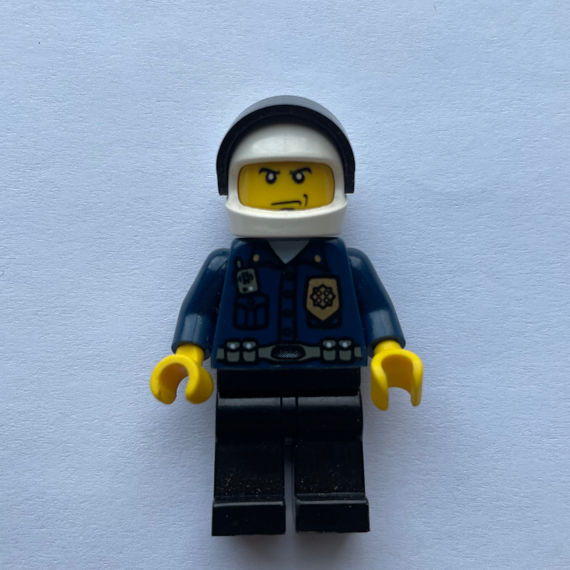 LEGO Policeman, Dark Blue Shirt with Radio and Badge, Black Legs, White Helmet with Visor (fig-008009)