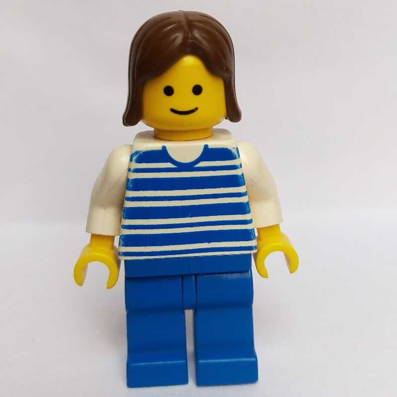 LEGO Woman, Blue and White Stripe Shirt, Blue Legs, Brown Hair (fig-008010)