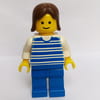 Woman, Blue and White Stripe Shirt, Blue Legs, Brown Hair