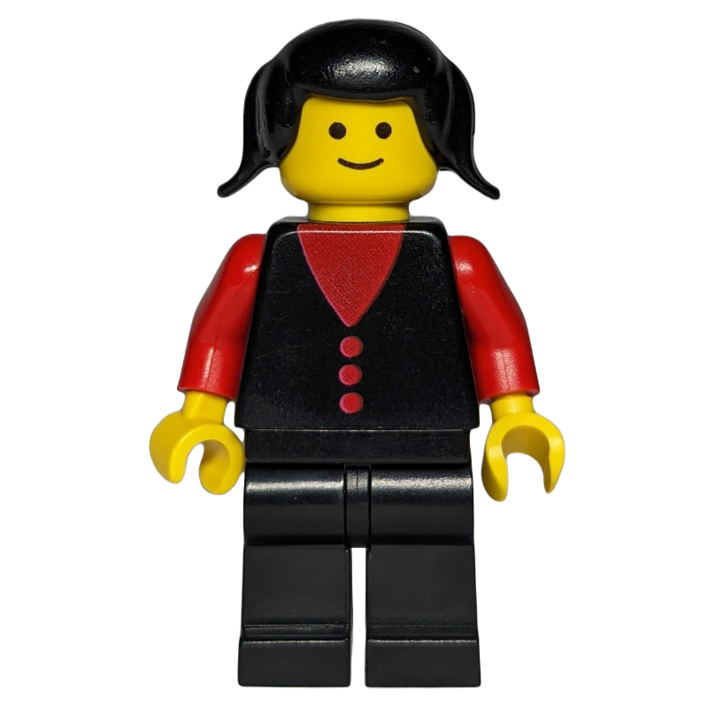 LEGO Woman, Black Vest over Red Top, Black Legs, Black Hair (fig-008015)