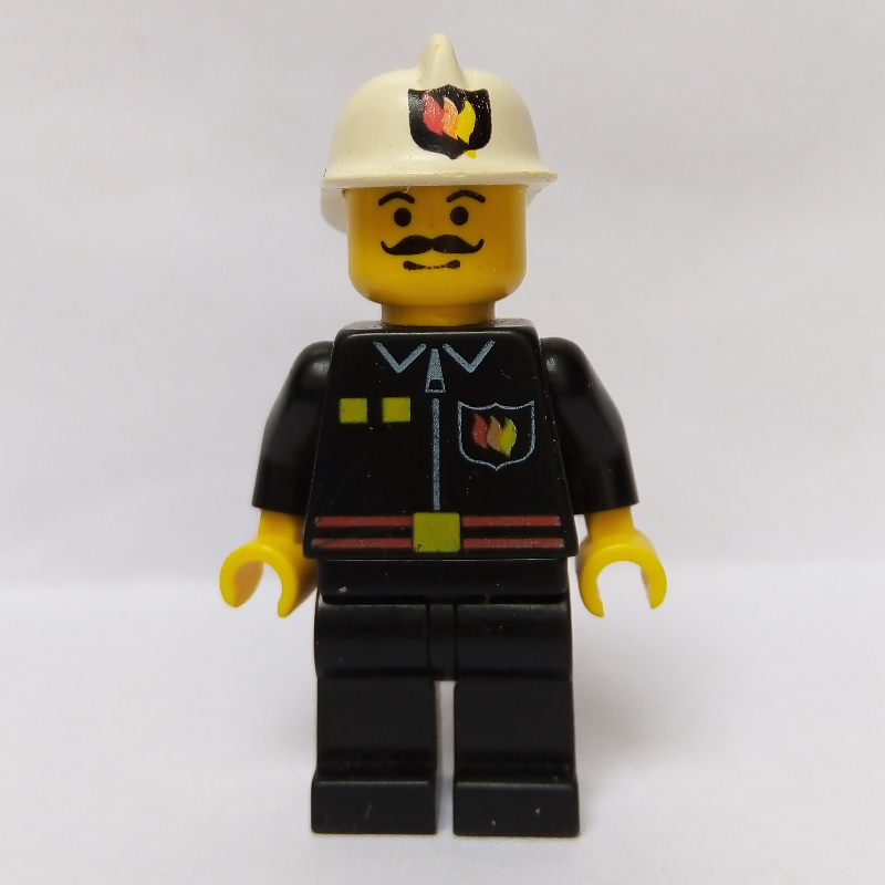 LEGO Fireman, Black Fire Jacket with Red Belt and Badge, White Helmet with Fire Logo, Moustache (fig-008016)