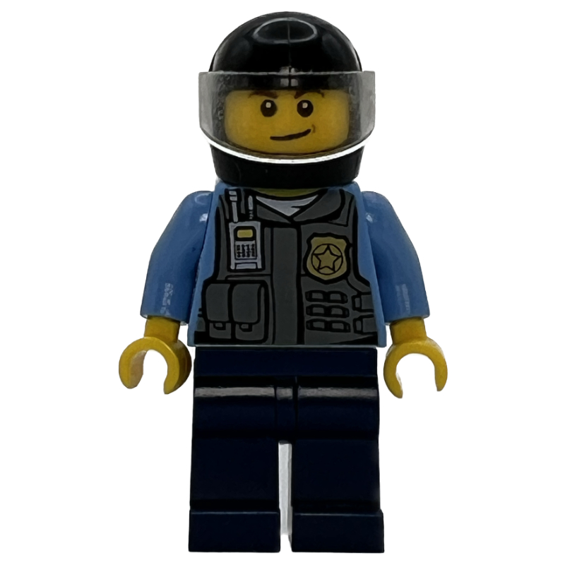 LEGO Policeman, Dark Bluish Gray Vest with Radio, Badge and Pouches over Medium Blue Shirt, Black Helmet with Visor (fig-008018)