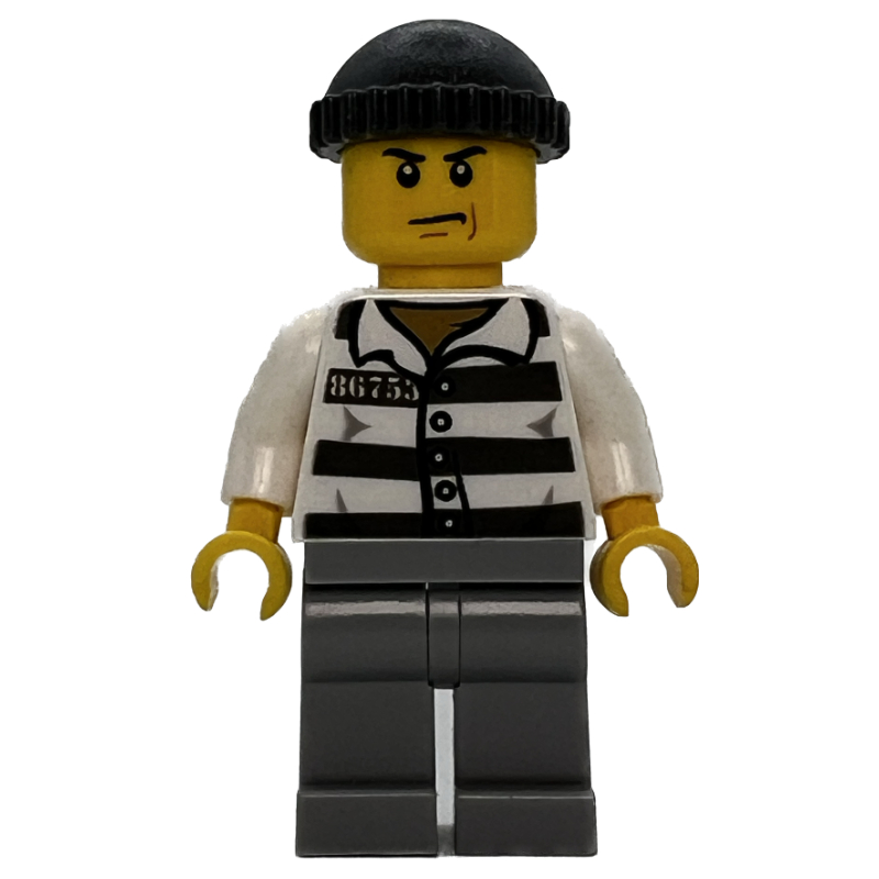 LEGO Criminal, Prison Shirt with #86753, Light Bluish Gray Legs, Dark Bluish Gray Hat (fig-008019)