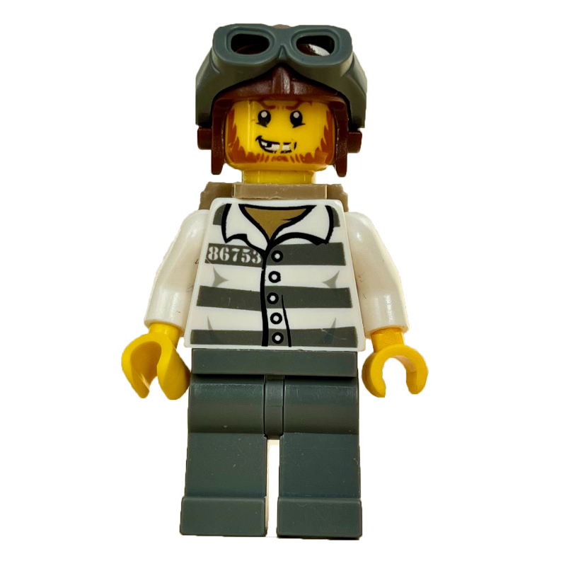 LEGO Criminal, Prison Shirt with #86753, Dark Bluish Gray Legs, Reddish Brown Helmet with Goggles, Dark Tan Backpack, Beard (fig-008020)
