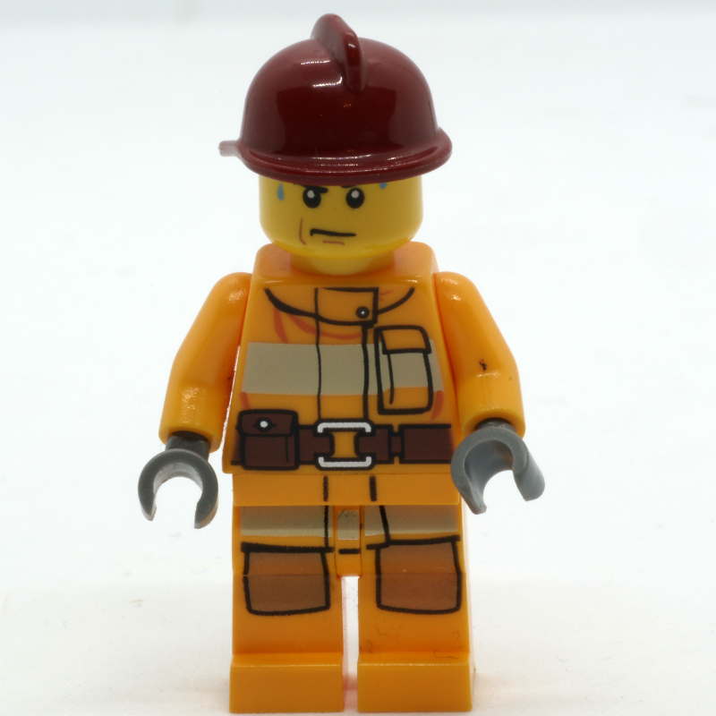 LEGO Fireman, Bright Light Orange Fire Suit, Dark Red Helmet, Sweat Drops (fig-008025)
