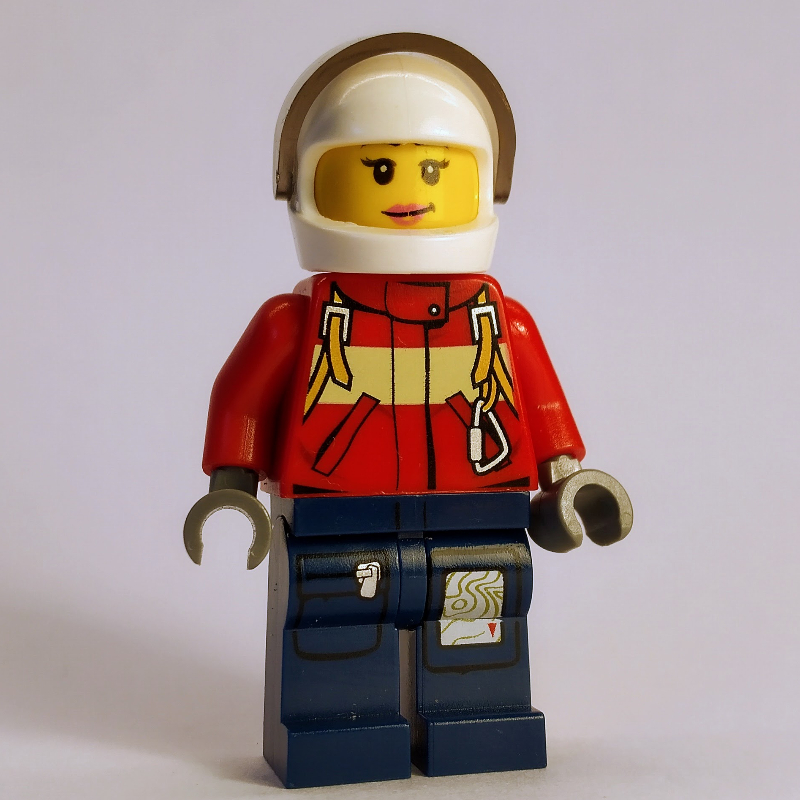 LEGO Firewoman, Red Jacket with Straps, Dark Blue Legs, White Helmet with Visor (fig-008026)