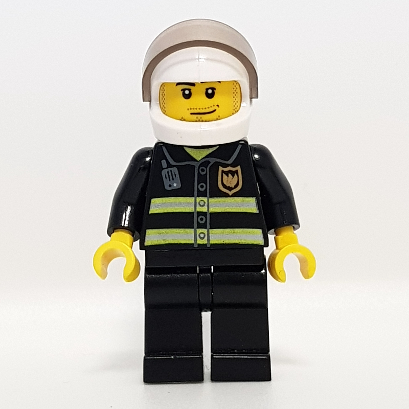 LEGO Fireman, Black Fire Jacket with Reflective Stripes, Radio, and Badge, White Helmet with Visor, Stubble (fig-008028)