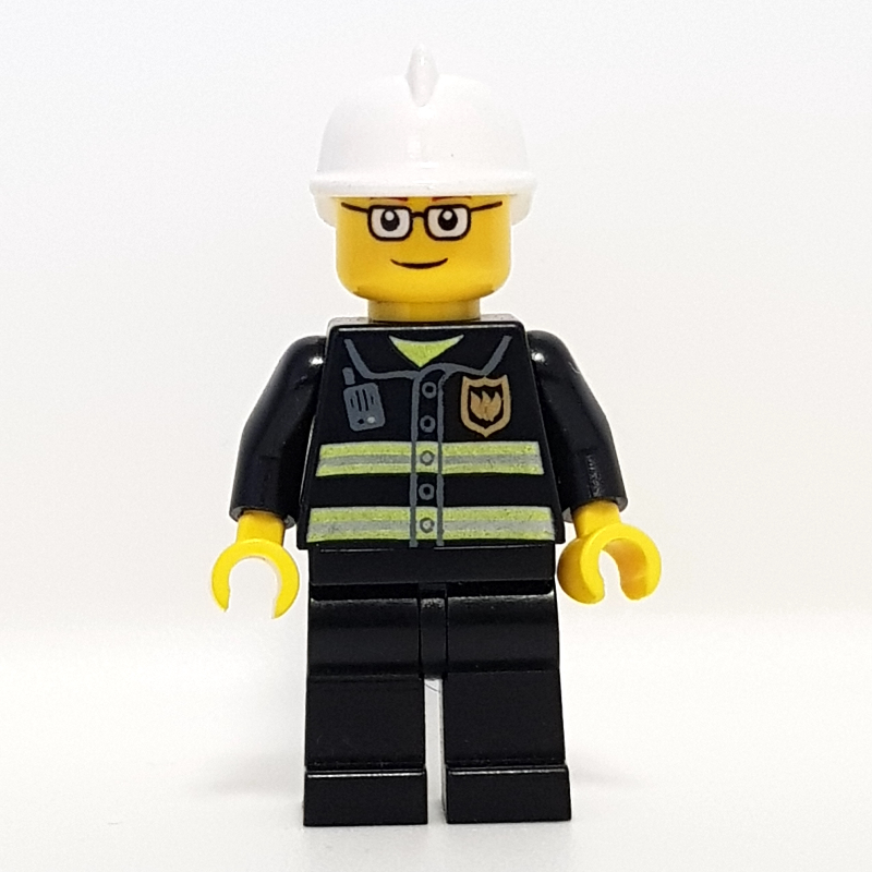 LEGO Fireman, Black Fire Jacket with Reflective Stripes, Radio, and Badge, White Helmet, Glasses (fig-008029)