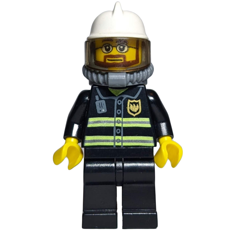 LEGO Fireman, Black Fire Jacket with Reflective Stripes, Radio, and Badge, White Helmet with Visor, Breathing Apparatus, Airtanks, Beard and Glasses (fig-008030)