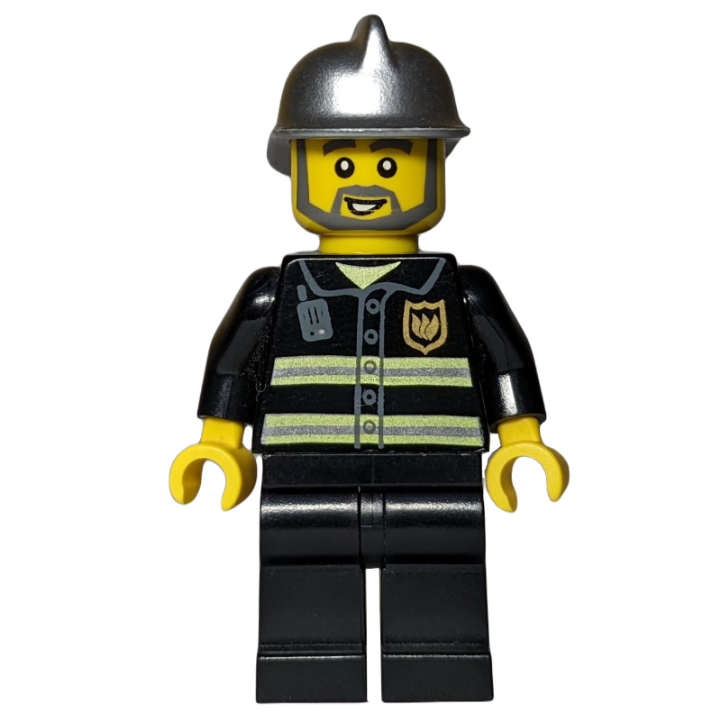 LEGO Fireman, Black Fire Jacket with Radio and Badge, Silver Helmet, Beard (fig-008031)