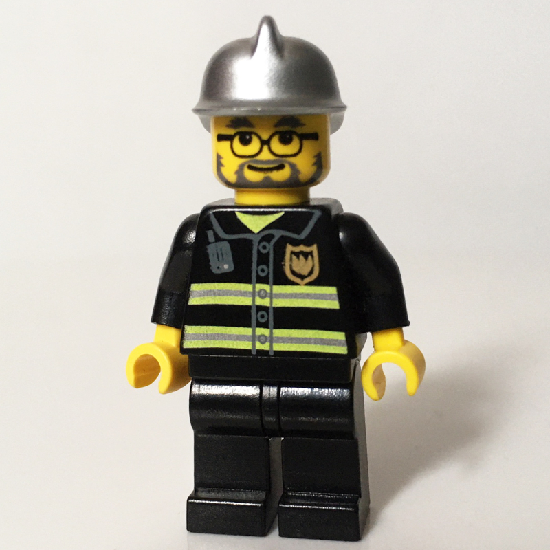 LEGO Fireman, Black Fire Jacket with Reflective Stripes, Radio, and Badge, Silver Helmet, Beard and Glasses (fig-008032)