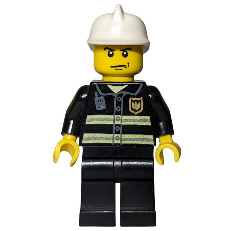 LEGO Fireman, Black Fire Jacket with Reflective Stripes, Radio, and Badge, White Helmet, Stern (fig-008033)