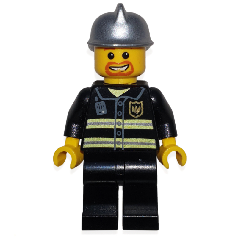 LEGO Fireman, Black Fire Jacket with Reflective Stripes, Radio, and Badge, Silver Helmet, Goatee Beard (fig-008034)