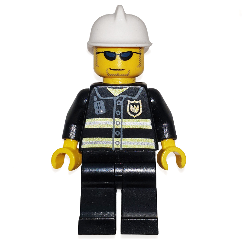 LEGO Fireman, Black Fire Jacket with Reflective Stripes, Radio, and Badge, White Helmet, Sunglasses (fig-008035)