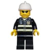 Fireman, Black Fire Jacket with Reflective Stripes, Radio, and Badge, White Helmet, Sunglasses