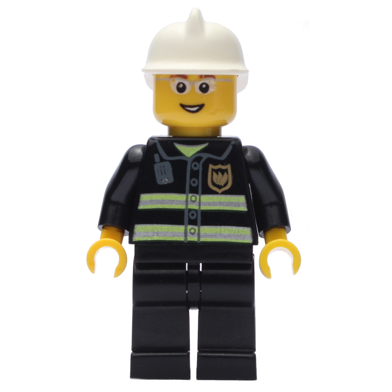 LEGO Fireman, Black Fire Jacket with Reflective Stripes, Radio, and Badge, White Helmet, Glasses (fig-008036)