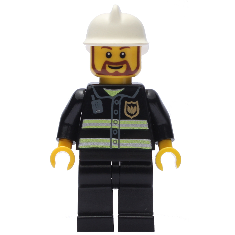 LEGO Fireman, Black Fire Jacket with Reflective Stripes, Radio, and Badge, White Helmet, Beard (fig-008037)