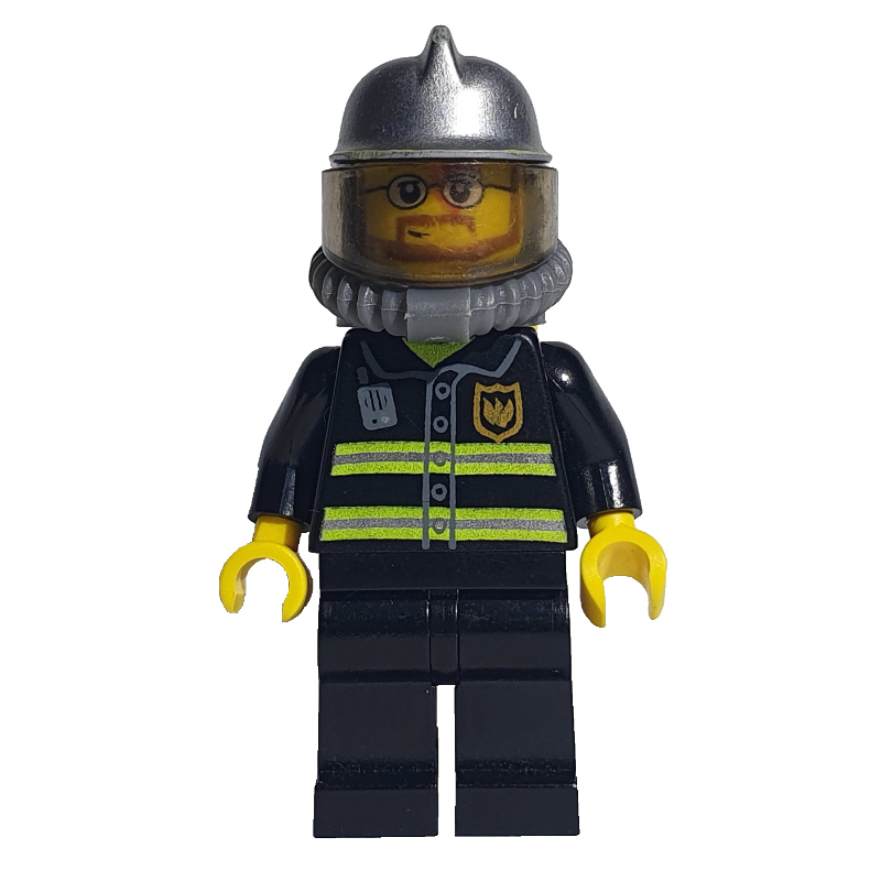 LEGO Fireman, Black Fire Jacket with Reflective Stripes, Radio, and Badge, Silver Helmet, Breathing Apparatus, Airtanks, Beard and Glasses (fig-008038)