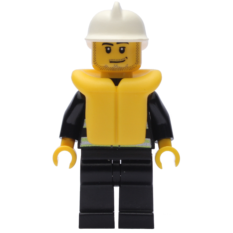 LEGO Fireman, Black Fire Jacket with Reflective Stripes, Radio, and Badge, White Helmet, Yellow Life Vest 2610, Stubble (fig-008039)