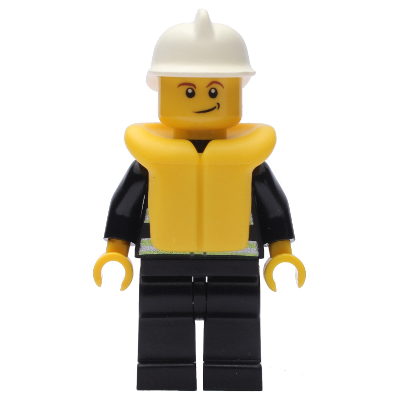 LEGO Fireman, Black Fire Jacket with Reflective Stripes, Radio, and Badge, White Helmet, Yellow Life Vest 2610 (fig-008040)