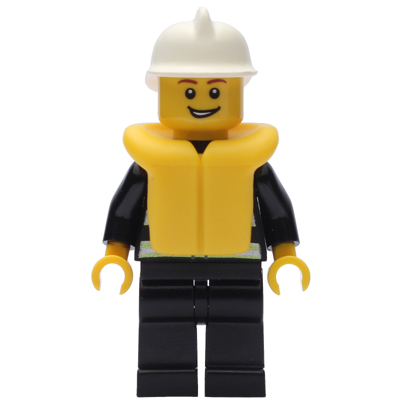 LEGO Fireman, Black Fire Jacket with Reflective Stripes, Radio, and Badge, White Helmet, Yellow Life Vest 2610, Open Mouth (fig-008041)