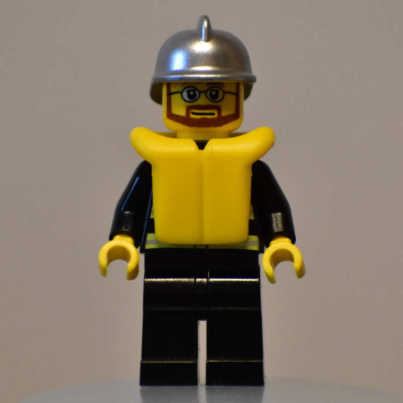 LEGO Fireman, Black Fire Jacket with Reflective Stripes, Radio, and Badge, Silver Helmet, Yellow Life Vest 2610, Beard and Glasses (fig-008042)