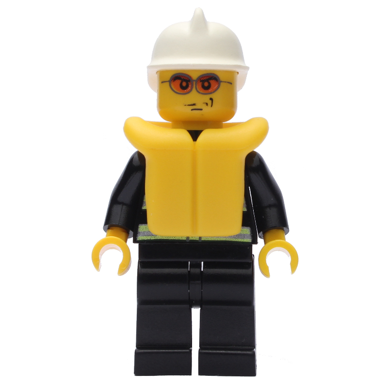 LEGO Fireman, Black Fire Jacket with Reflective Stripes, Radio, and Badge, White Helmet, Yellow Life Vest, Orange Sunglasses (fig-008043)