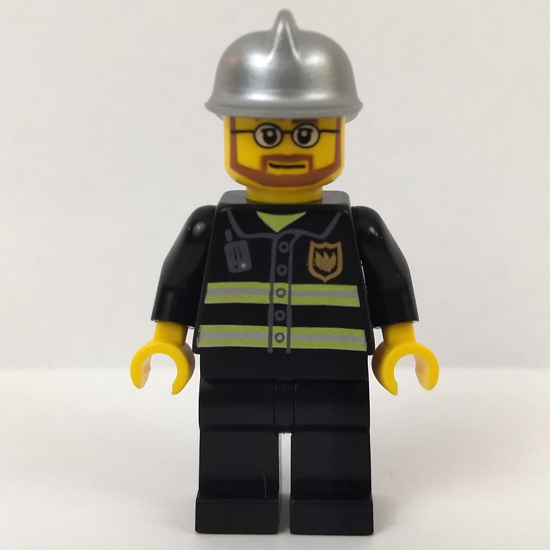 LEGO Fireman, Black Fire Jacket with Reflective Stripes, Radio, and Badge, Silver Helmet, Beard and Glasses (fig-008044)