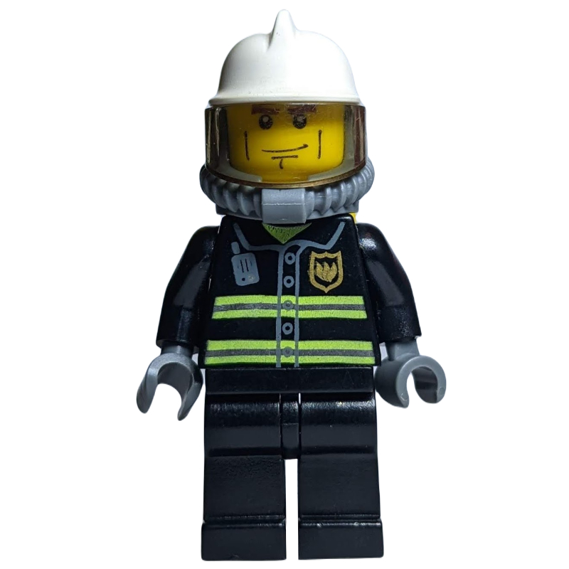 LEGO Fireman, Black Fire Jacket with Reflective Stripes, Radio, and Badge, White Helmet, Breathing Apparatus, Airtanks, Cheek Lines (fig-008045)