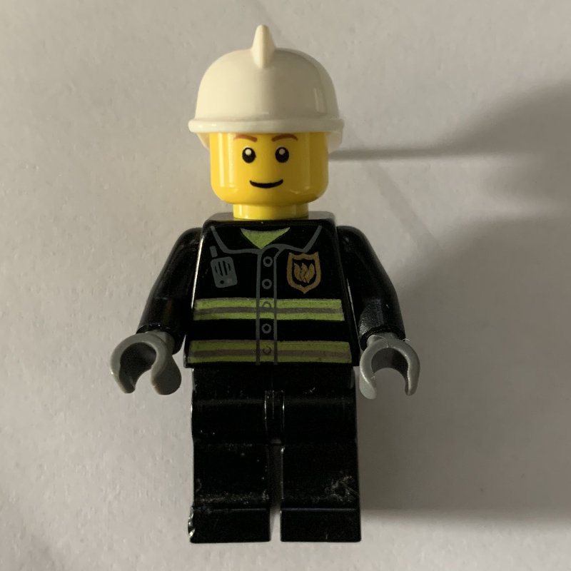 LEGO Fireman, Black Fire Jacket with Reflective Stripes, Radio, and Badge, White Helmet, Brown Eyebrows (fig-008046)