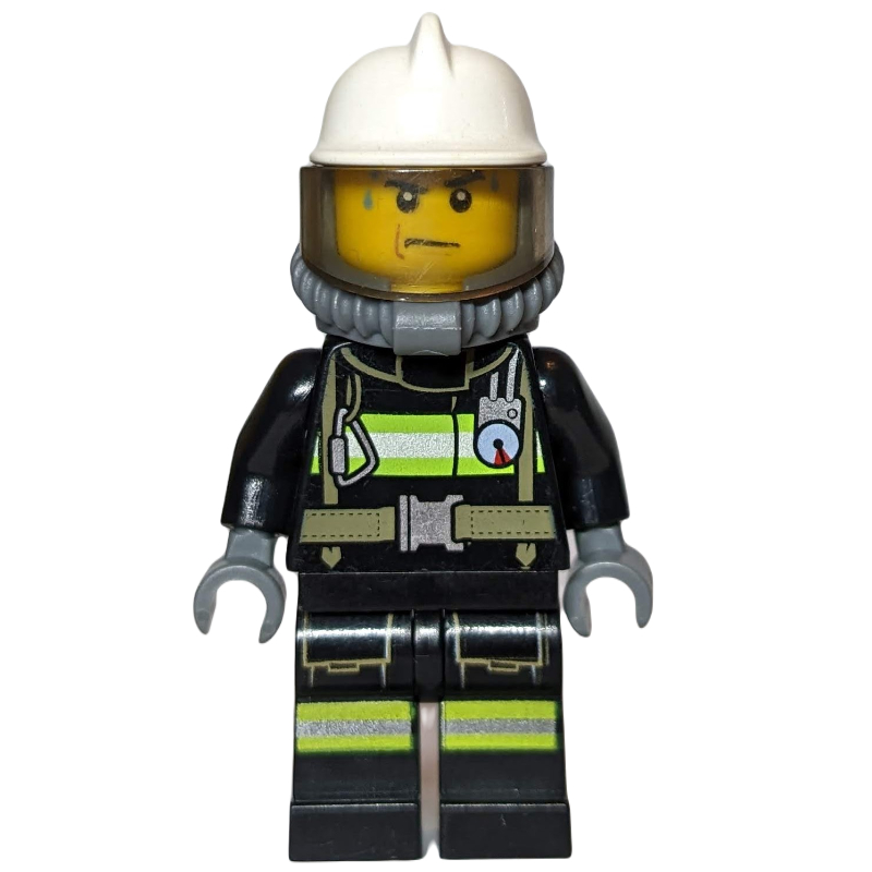LEGO Fireman, Black Fire Suit with Gauge and Straps, White Helmet, Breathing Apparatus, Airtanks, Sweat Drops (fig-008047)