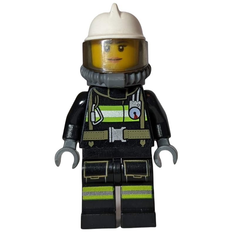 LEGO Firefighter, Female, Black Fire Suit with Gauge and Straps, White Helmet, Breathing Apparatus, Airtanks (3626cpr1580 Head) (fig-008048)