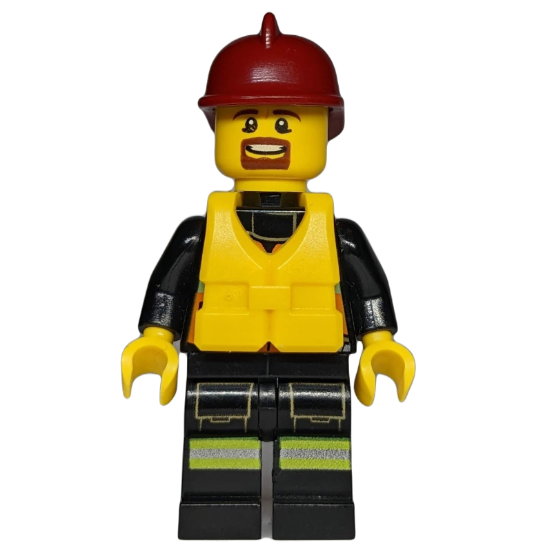 LEGO Fireman, Orange Safety Vest with Radio, Dark Red Helmet, Yellow Life Vest, Goatee Beard (fig-008049)