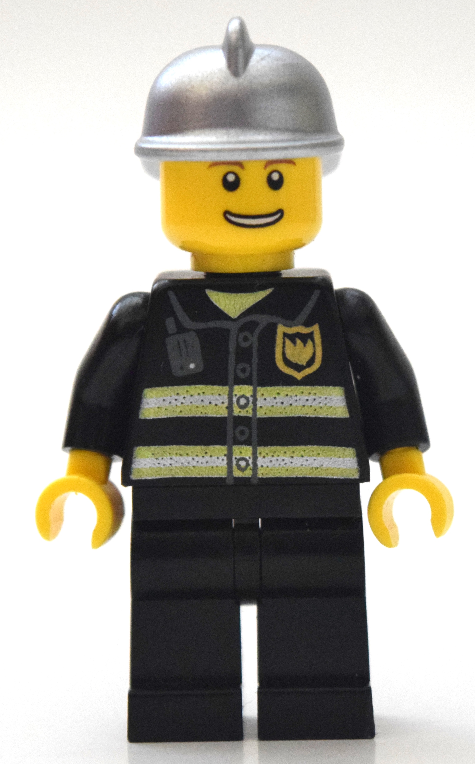 LEGO Fireman, Black Fire Jacket with Reflective Stripes, Radio, and Badge, Silver Helmet (fig-008050)