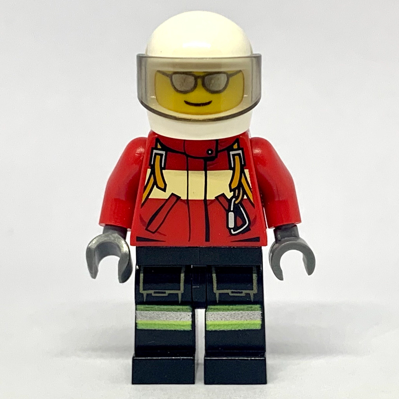 LEGO Fireman, Red Jacket with Straps, White Helmet with Visor, Silver Sunglasses (fig-008051)