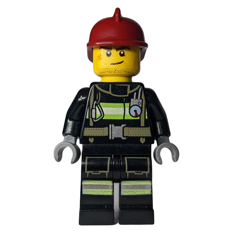 LEGO Fireman, Black Fire Suit with Gauge and Straps, Dark Red Helmet, Stubble and Scar (fig-008052)