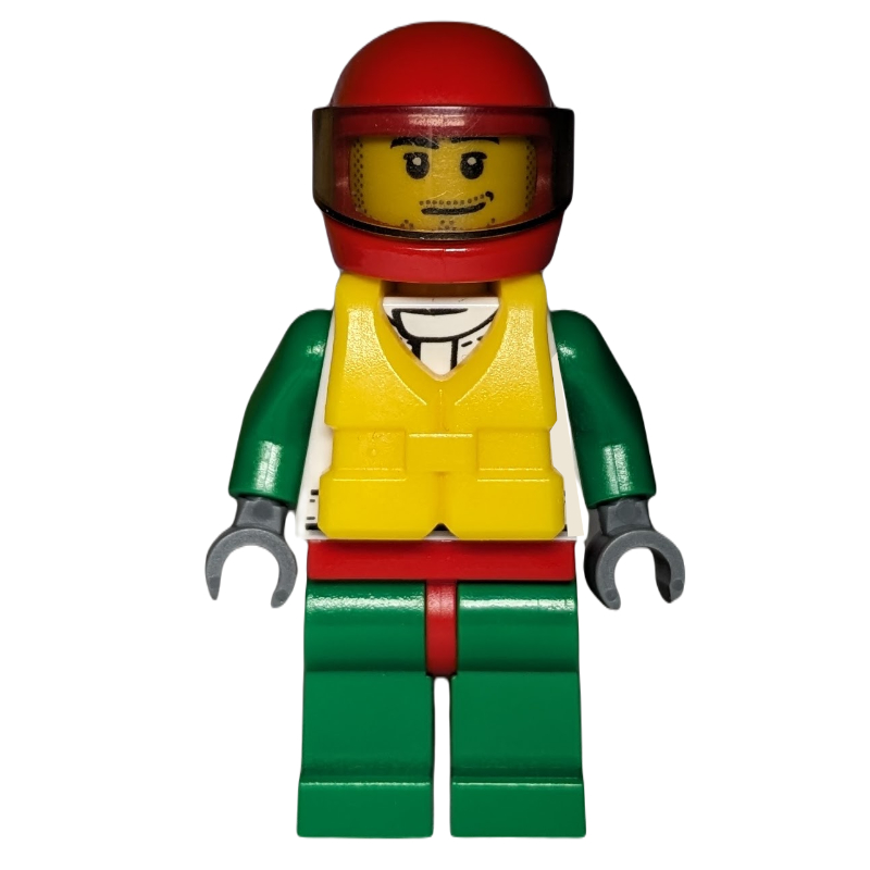 LEGO Racer, White and Green Jacket with Octan Logo, Red Helmet with Trans-Brown Visor, Yellow Life Vest, Stubble (fig-008053)