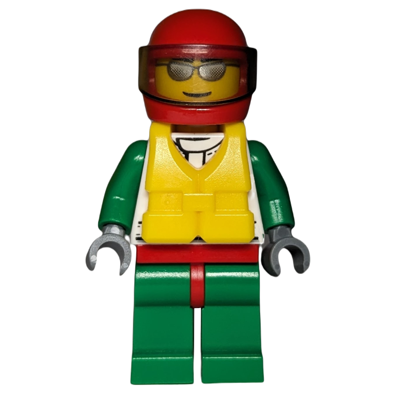LEGO Racer, White and Green Jacket with Octan Logo, Red Helmet with Trans-Brown Visor, Yellow Life Vest, Silver Sunglasses (fig-008054)