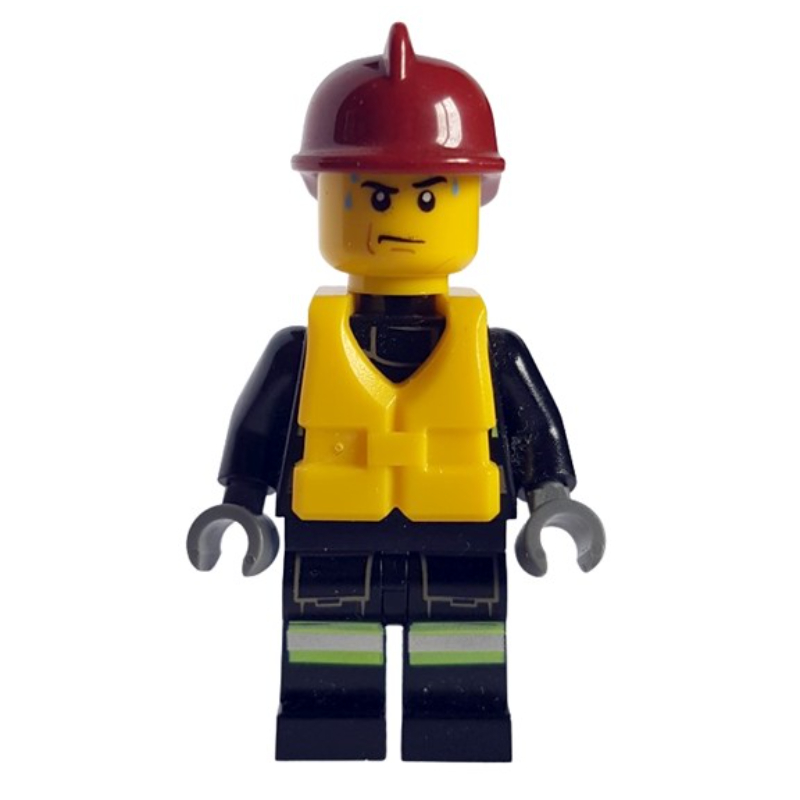 LEGO Fireman, Black Fire Suit with Gauge and Straps, Dark Red Helmet, Yellow Life Vest, Sweat Drops (fig-008055)