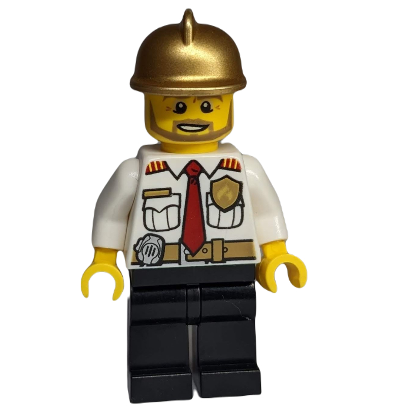 LEGO Fireman, White Shirt with Red Tie, Badge, and Radio on Belt, Gold Helmet, Beard (fig-008057)