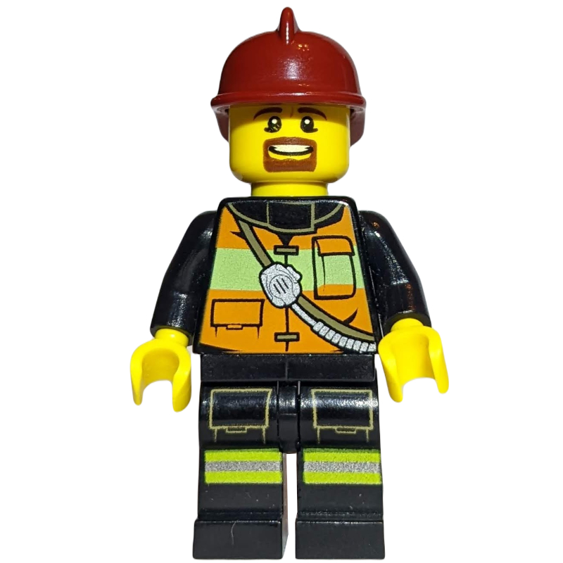 LEGO Fireman, Orange Safety Vest with Radio, Dark Red Helmet, Goatee Beard (fig-008058)