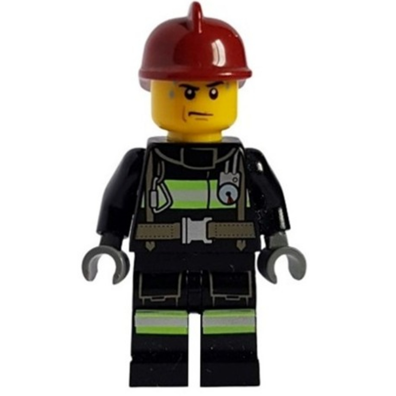 LEGO Fireman, Black Fire Suit with Gauge and Straps, Dark Red Helmet, Sweat Drops (fig-008059)