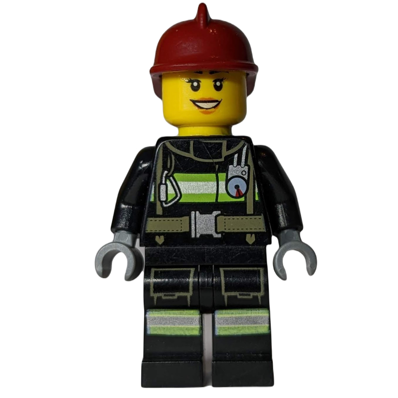 LEGO Firewoman, Black Fire Suit with Gauge and Straps, Dark Red Helmet (fig-008060)