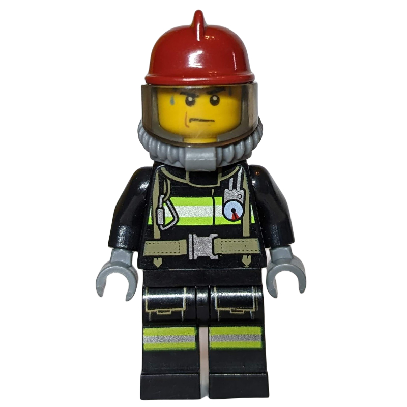 LEGO Fireman, Black Fire Suit with Gauge and Straps, Dark Red Helmet, Breathing Apparatus, Airtanks, Sweat Drops (fig-008061)